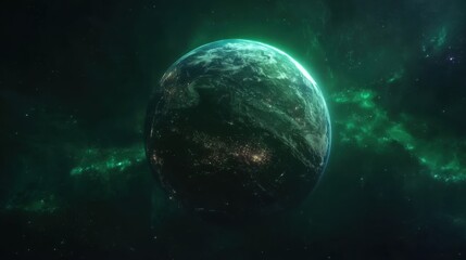 Stunning realistic depiction of Earth in the dark cosmos with vibrant green hues highlighting the planet's features