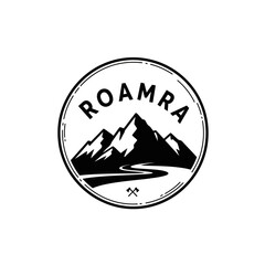 Roamra Mountain Adventure Logo Design with Winding River.