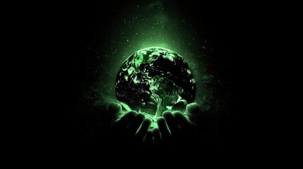 Hands Gently Cradling a Glowing Green Earth Surrounded by Cosmic Elements in a Dark Background