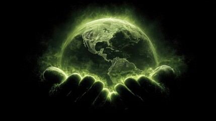 Hands Holding a Glowing Green Earth Against a Dark Background Symbolizing Environmental Protection and Sustainability