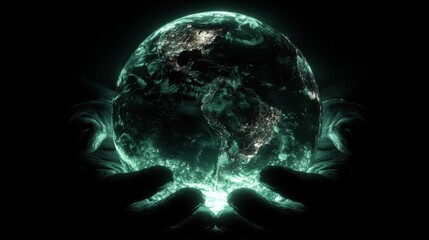 Glowing Earth Sphere in Hands Symbolizing Care for Planet with Cosmic Background and Focus on Environmental Awareness