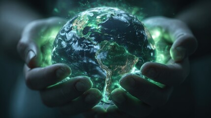 Hands Holding a Glowing Earth with Mystical Green Energy Background Representing Environmental Awareness and Global Care