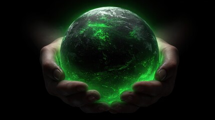 Hands Holding a Green Glowing Planet with Mysterious Energy in a Dark Background for Environmental Concept Art