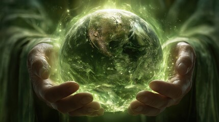 Enchanted Hands Holding a Glowing Green Earth with Magical Aura Against a Mysterious Background