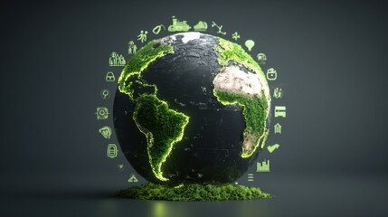 Lush Green Earth Surrounded by Environmental Icons Representing Sustainable Development and Eco-Friendly Practices