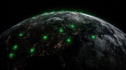Earth from Space with Glowing Green Markers Highlighting Geographic Locations and Nighttime City Lights in Background