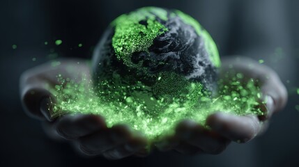 Hands Holding a Glowing Green Earth with Sparkles and Bright Particles in a Dark Background