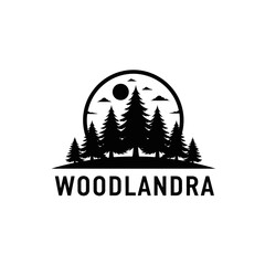 Woodlandra Logo with Pine Trees and Moon in a Circle Design.