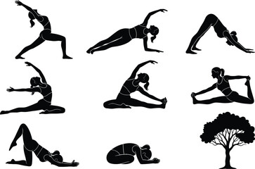 Yoga pose silhouette set, woman practicing fitness stretching and meditation exercises isolated on white background for wellness design