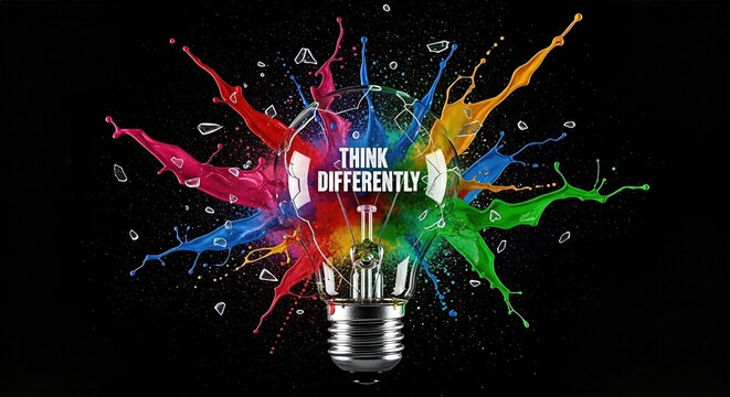 Think differently creative concept with an exploding colorful lightbulb