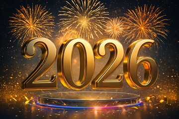 Golden 2026 New Year Celebration with Sparkling Fireworks and Stage