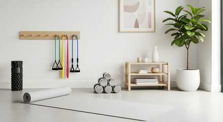 Obraz premium Home gym setup with yoga mat, resistance bands, foam roller, weights, and plant in bright room