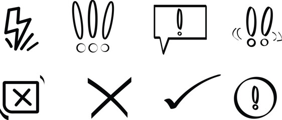 Hand drawn exclamation marks and check symbols. Comic doodle set including lightning, cross, and warning signs.