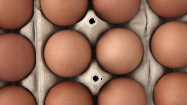 Overhead view of brown eggs in cardboard tray with empty slots visible and uniform arrangement emphasizing natural shell texture