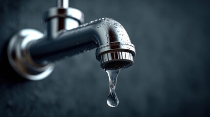 Close-Up of a Dripping Water Faucet with Water Droplets on a Dark Background