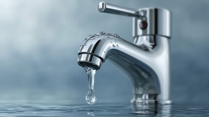 Modern chrome faucet with water drip on reflective surface in bathroom or kitchen setting showcasing elegance and cleanliness