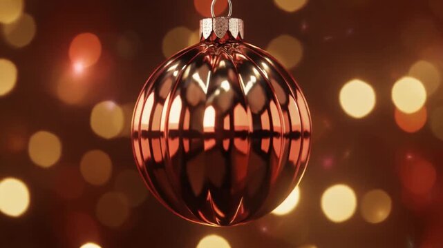 Spinning Chrome Christmas Ornament Reflecting Warm Bokeh Lights