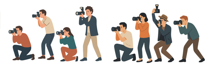 Group of photographers taking pictures using camera in various pose photograph activity