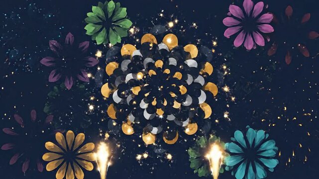 Colorful animated fireworks display on dark background