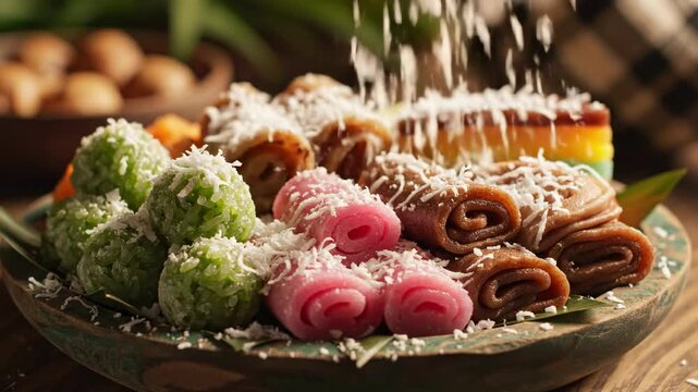 Elegantly slow motion movement of fine shredded coconut flakes gently falling onto a colorful arrangement of Indonesian sweet snacks on a wooden platter slow, variety, platter