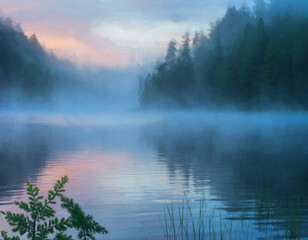 Fototapeta premium Ethereal morning mist drifts over a serene, painterly lake, flanked by a dense forest. Soft sunrise hues reflect on calm waters, evoking peace, mystery, and untouched natural beauty.