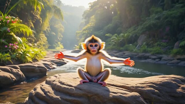 A small monkey sits on a rock near a river surrounded by lush green vegetation in sunlight monkey video