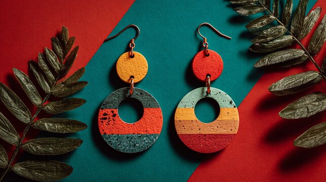 Colorful Wooden Earrings on Red and Green Background with Leaves