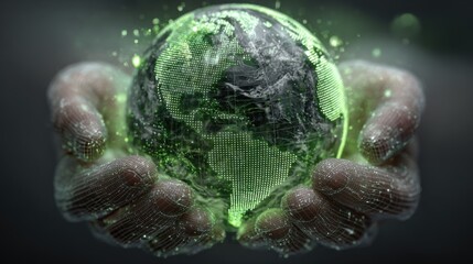 Hands holding glowing digital globe with green accents symbolizing sustainability and environmental awareness in the modern world