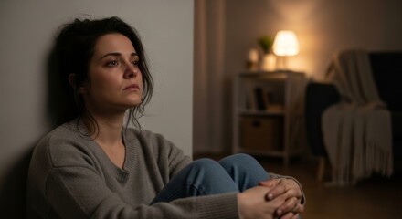Fototapeta premium Depressed young woman sitting alone on the floor leaning against a wall in a dark room late at night, feeling lonely and stressed.