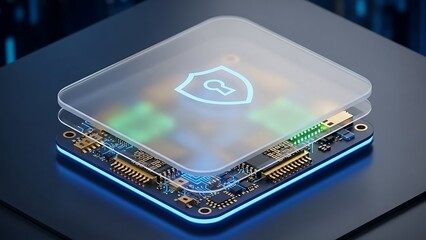 Secure Technology - Layered Circuit Board with Shield Icon.