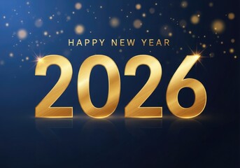 Golden inscription happy new year 2026 with sparkling lights and bokeh effect on a dark blue background, celebrating the upcoming year with festive atmosphere and bright illumination