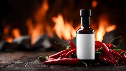 Fiery Hot Sauce Bottle Mockup with Red Chili Peppers