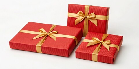 Set of red gift box with golden ribbon isolated on white