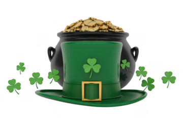 St Patricks Day hat and pot of gold coins with shamrocks isolated on a transparent background