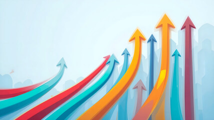 Colorful 3D arrows curving upward against a clean blue and white background, representing financial growth, business success, and positive stock market trends, suitable for corporate reports