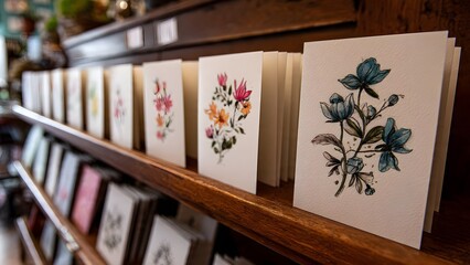Artistic Floral Greeting Cards on a Wooden Shelf