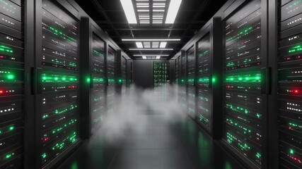 Modern server room with illuminated racks and flowing mist, representing global data processing and cloud computing infrastructure - Powered by Adobe