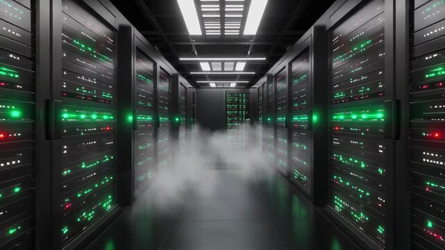 Modern server room with illuminated racks and flowing mist, representing global data processing and cloud computing infrastructure