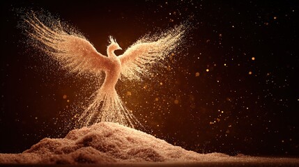 Sand phoenix concept for brand reinvention and business rebirth, emerging from embers to light for powerful visual storytelling