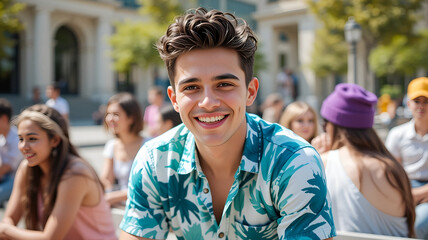 Obraz premium Portrait of a happy young man with a stylish hairstyle wearing a green tropical palm leaf shirt smiling outdoors on a sunny day, ideal for youth lifestyle blogs, summer vacation promotions, 