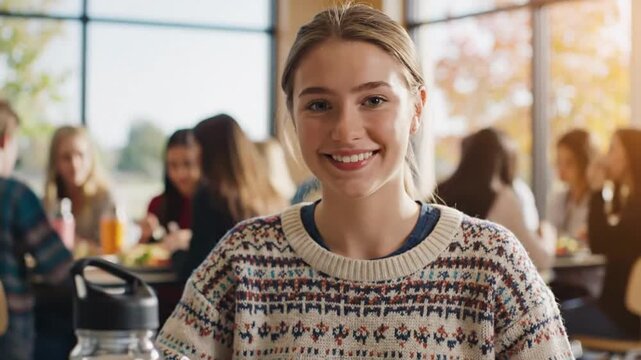 Happy college student enjoys lunch break while surrounded by friends in a bright cafeteria