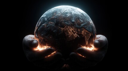 Hands Holding Glowing Earth with Bright Lights and Dark Background in a Dramatic Conceptual Representation of Global Care