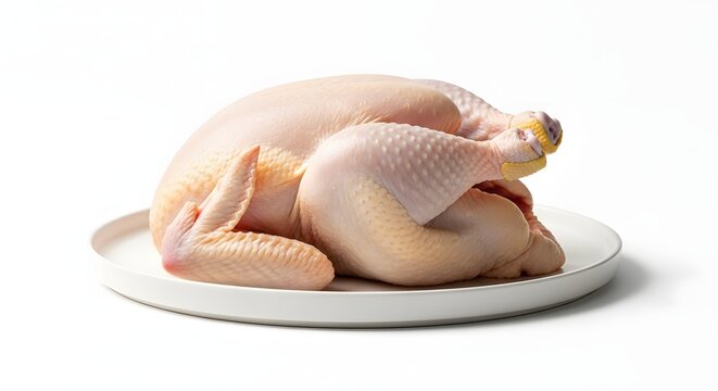 Whole raw chicken on a white plate isolated on white background