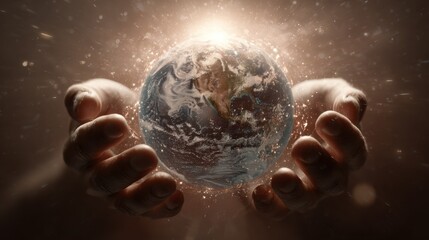 Hands Cradling a Glowing Earth with Shimmering Light and Cosmic Elements in a Dreamy Atmosphere