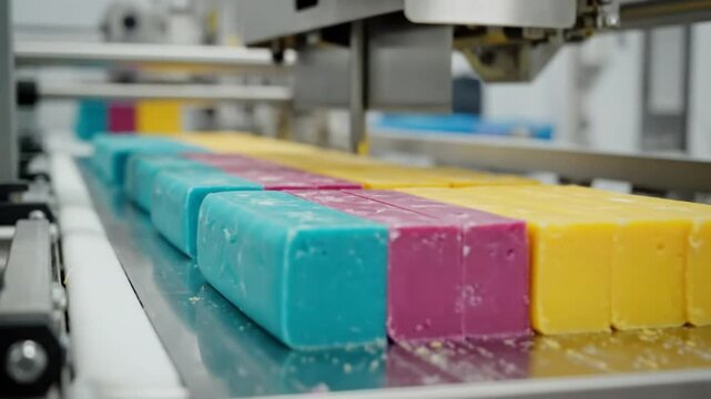 Automated production line cutting colorful rectangular blocks of soap into smaller bars in a factory