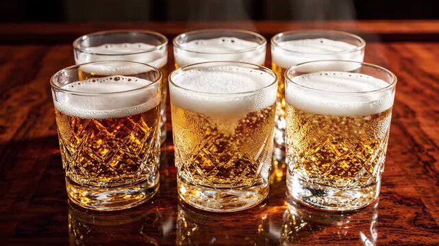 Elevated top-down view of several freshly poured golden beverages lined up precisely on a dark polished mahogany bar surface in a quiet atmosphere drone style, aerial shot, alcohol free