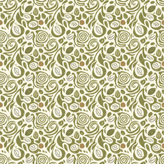 Organic Swirls and Leaves Seamless Pattern Earthy Green Tones Nature Inspired Abstract Motif for Textile Wallpaper Packaging Design Background