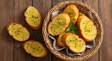 Golden garlic bread slices artfully arranged in a woven wicker basket