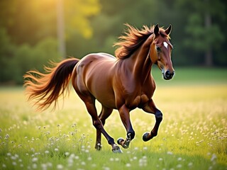Un majestuoso caballo galopa a través de un exuberante prado