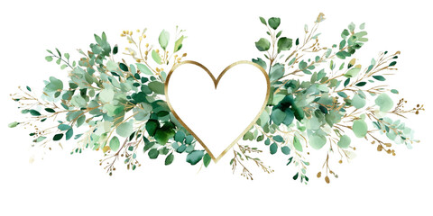 Heart-shaped leaf frame. Watercolor floral wreath made of green foliage and eucalyptus branches. PNG clipart on transparent background.